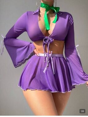 Purple Mesh Two-Piece Tie Front Crop Top + Skirt Set